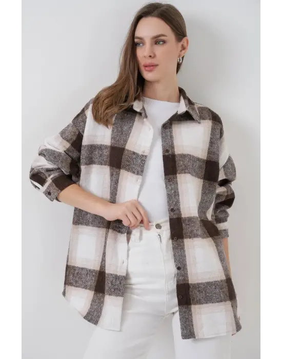 Ekose Desen Oversize Oduncu Gömlek 3854 Bisküvi