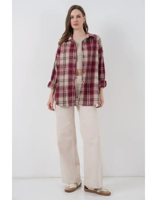 Ekose Desen Oversize Oduncu Gömlek 3854 Bordo