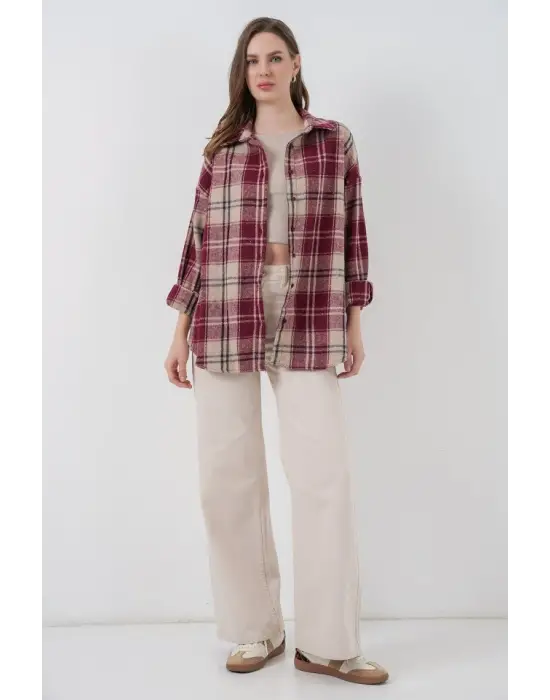 Ekose Desen Oversize Oduncu Gömlek 3854 Bordo