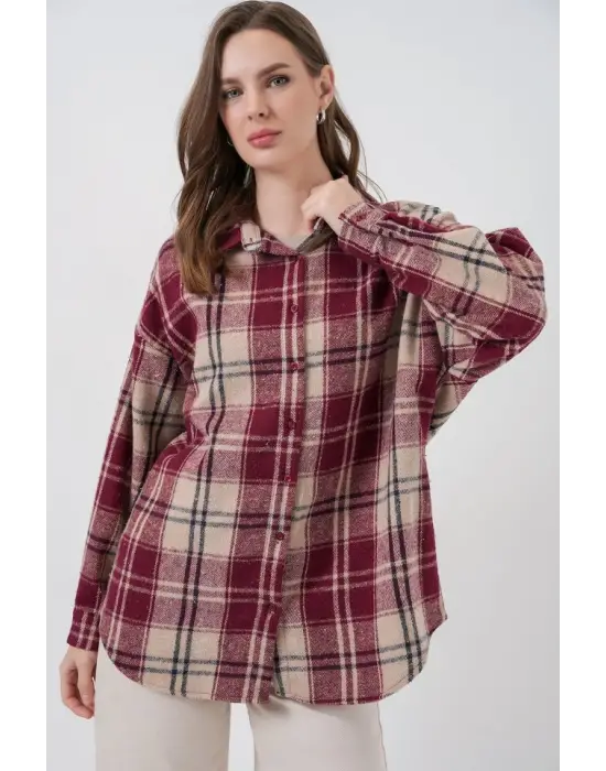 Ekose Desen Oversize Oduncu Gömlek 3854 Bordo