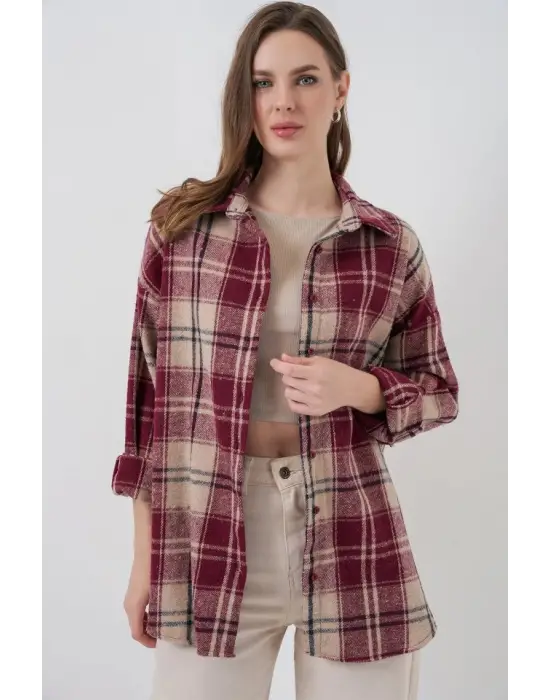 Ekose Desen Oversize Oduncu Gömlek 3854 Bordo