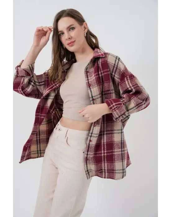 Ekose Desen Oversize Oduncu Gömlek 3854 Bordo