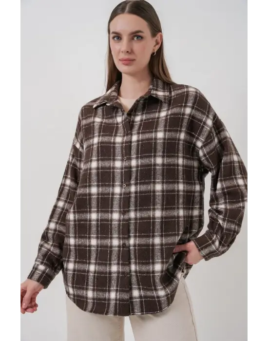 Ekose Desen Oversize Oduncu Gömlek 3854 C. Kahverengi