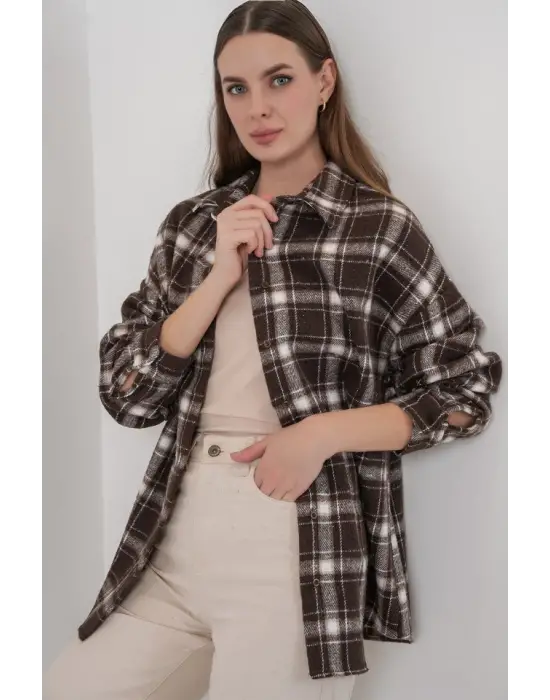 Ekose Desen Oversize Oduncu Gömlek 3854 C. Kahverengi