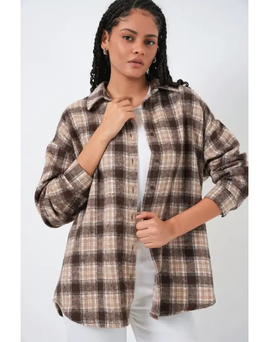 Ekose Desen Oversize Oduncu Gömlek 3854 - E. Kahve
