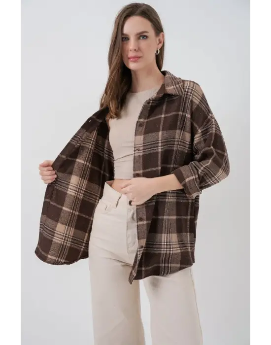 Ekose Desen Oversize Oduncu Gömlek 3854 Kahverengi
