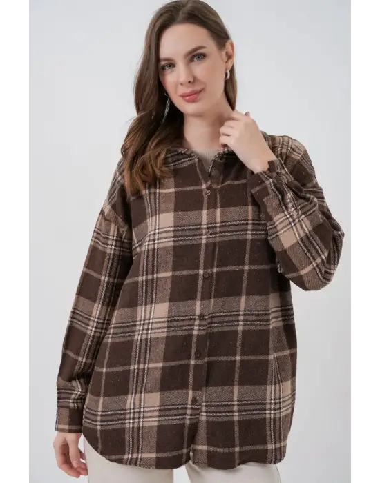 Ekose Desen Oversize Oduncu Gömlek 3854 Kahverengi