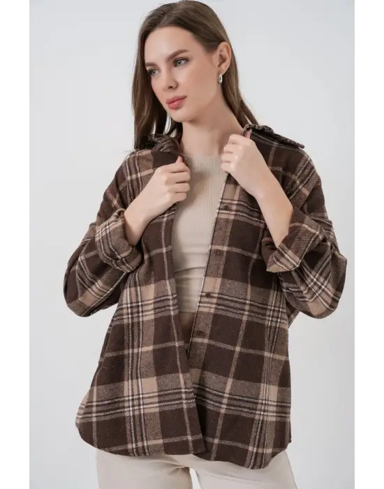 Ekose Desen Oversize Oduncu Gömlek 3854 Kahverengi