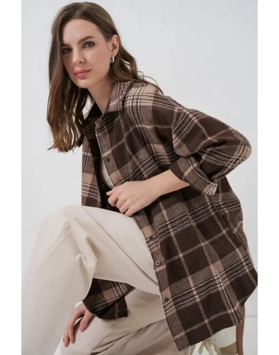 Ekose Desen Oversize Oduncu Gömlek 3854 Kahverengi
