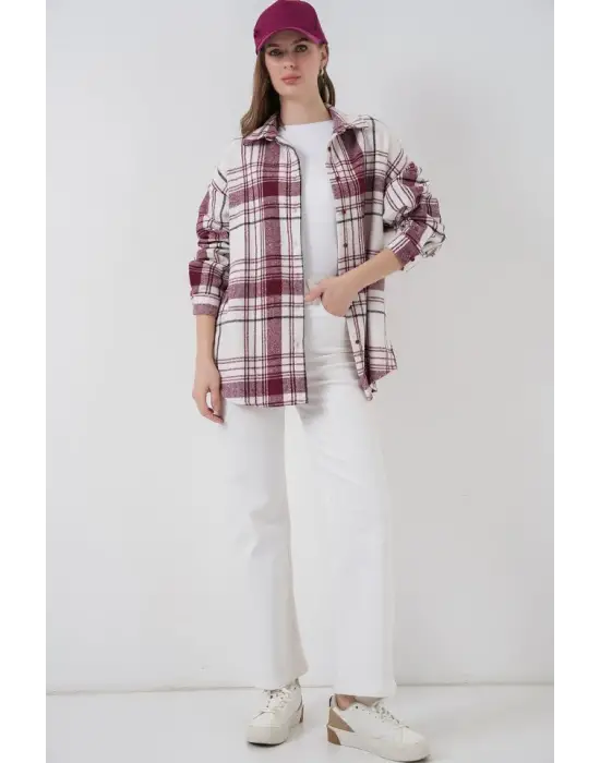 Ekose Desen Oversize Oduncu Gömlek 3854 Koyu Pembe