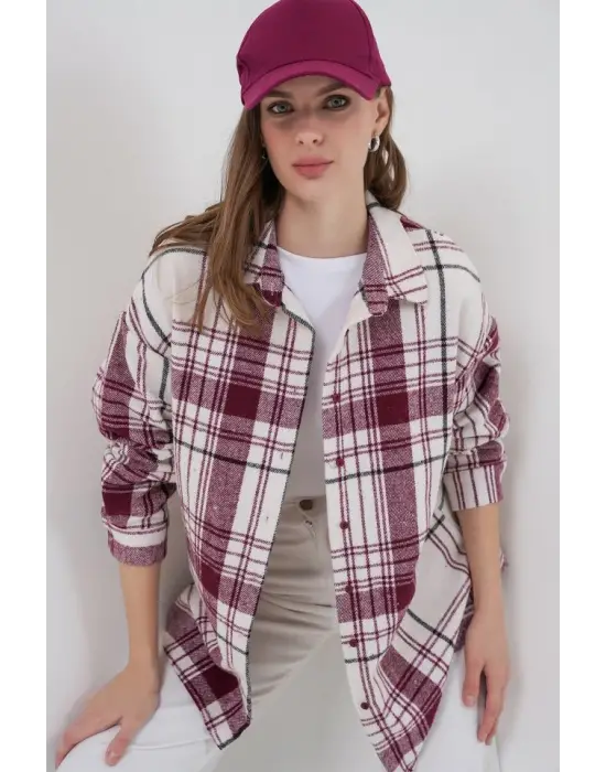 Ekose Desen Oversize Oduncu Gömlek 3854 Koyu Pembe