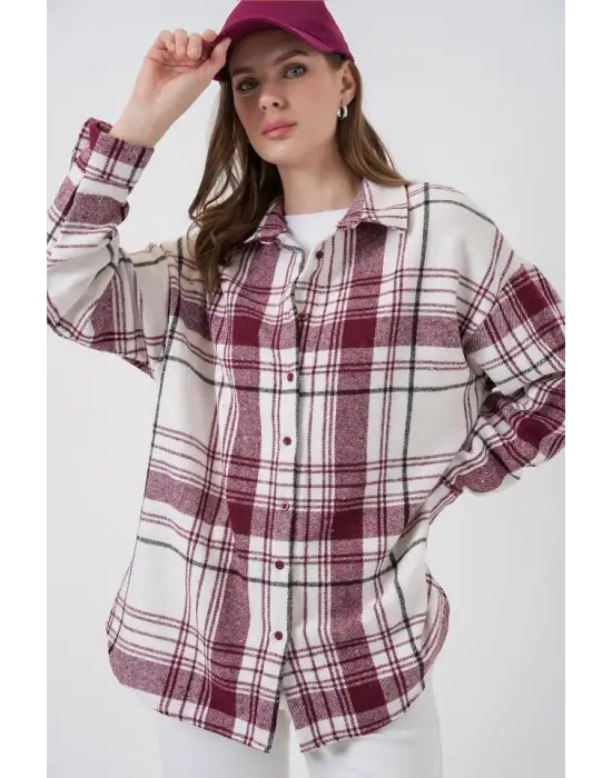 Ekose Desen Oversize Oduncu Gömlek 3854 Koyu Pembe