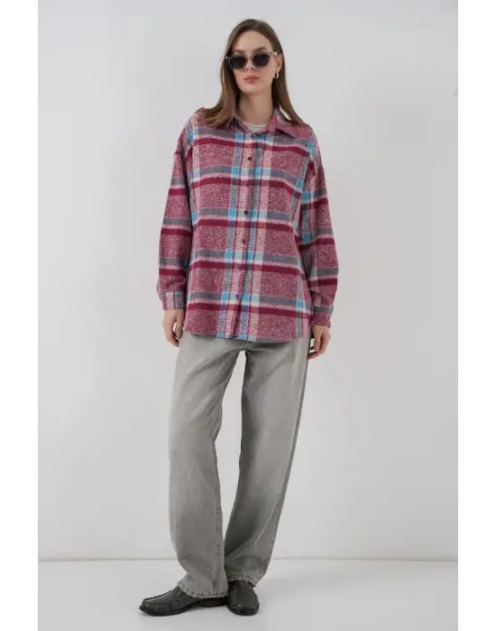 Ekose Desen Oversize Oduncu Gömlek 3854 Mor