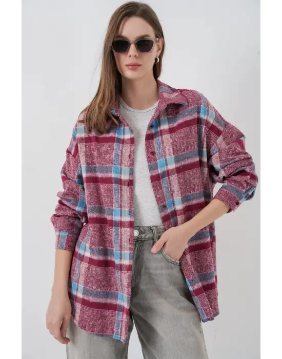 Ekose Desen Oversize Oduncu Gömlek 3854 Mor