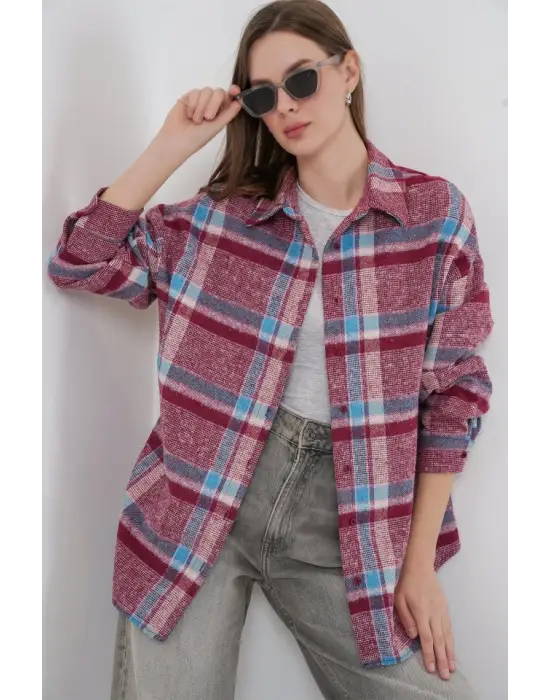 Ekose Desen Oversize Oduncu Gömlek 3854 Mor