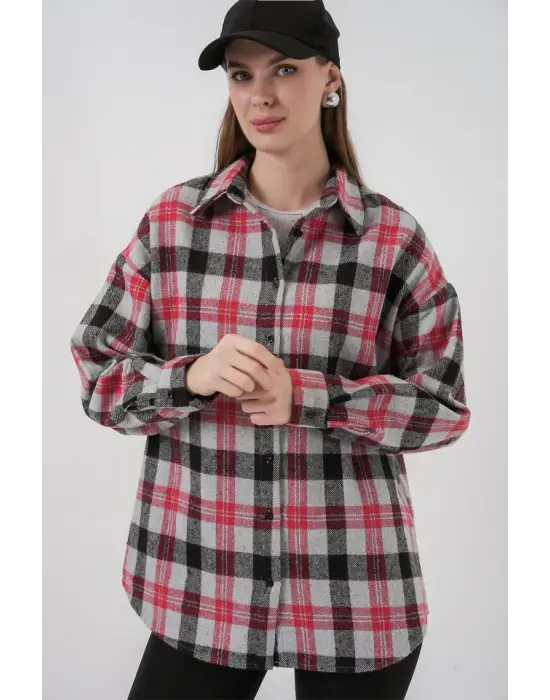 Ekose Desen Oversize Oduncu Gömlek 3854 Nar