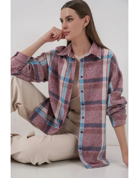 Ekose Desen Oversize Oduncu Gömlek 3854 Pembe
