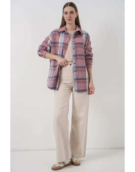 Ekose Desen Oversize Oduncu Gömlek 3854 Pembe
