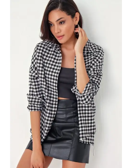 Ekose Desen Oversize Oduncu Gömlek 3854 - Siyah - Beyaz