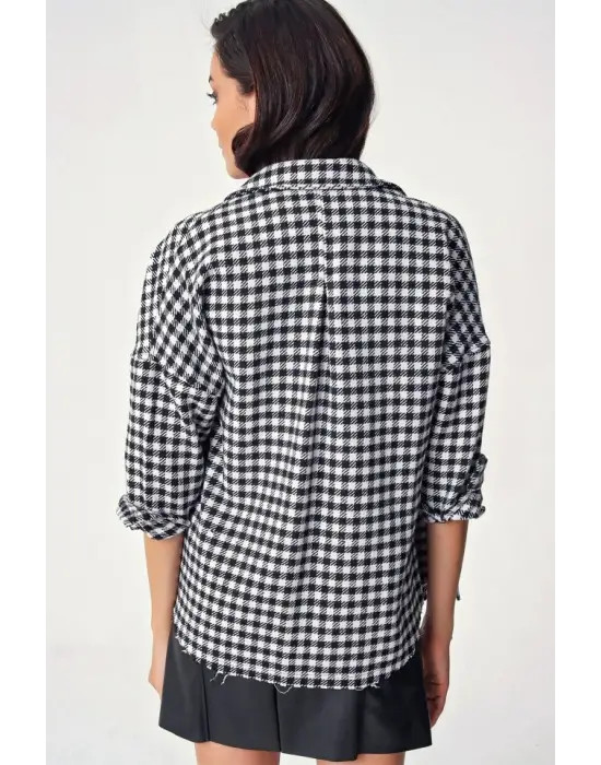 Ekose Desen Oversize Oduncu Gömlek 3854 - Siyah - Beyaz