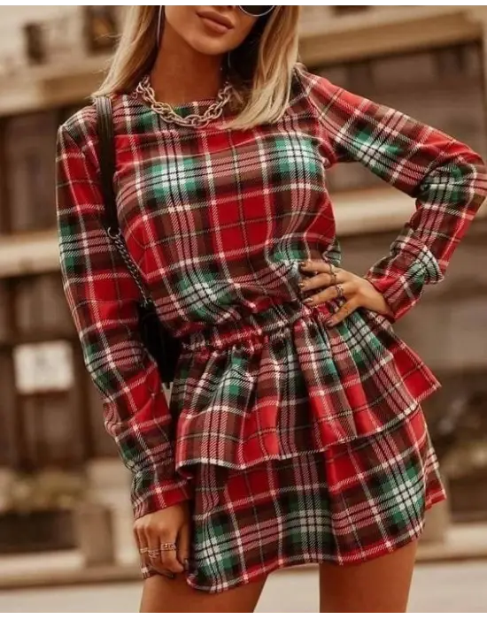 Omarı Ekose Desenli Dijital Baskılı Uzun Kollu Mini Elbise