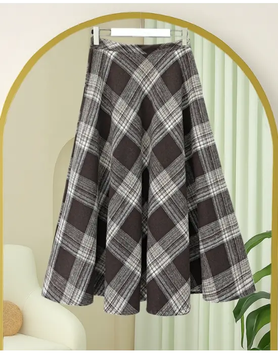 Ekose Desenli Yanı Fermuarlı  Kaşe Çan Etek    -Kahve