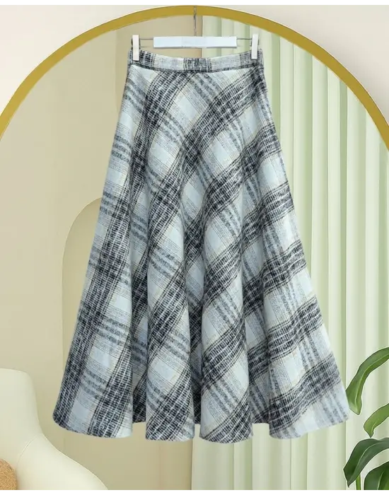 Ekose Desenli Yanı Fermuarlı  Kaşe Çan Etek   -Krem