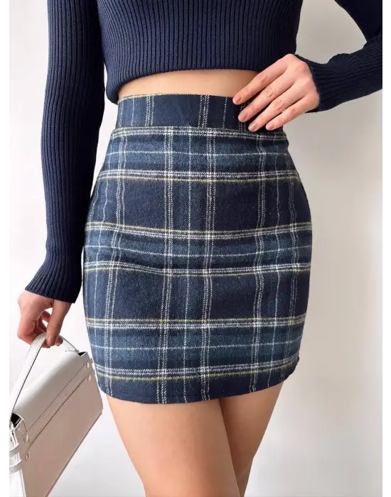 Ekoseli kaşe etek lacivert hf