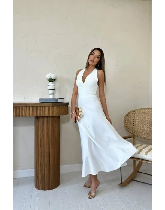 Ekru Atlas Göğüs Kuplu Elbise