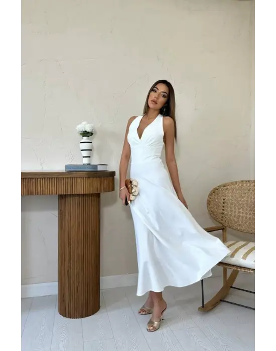 Omarı Zarif Ekru Göğüs Kuplu Elbise