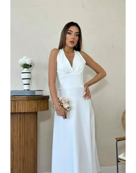 Ekru Atlas Göğüs Kuplu Elbise