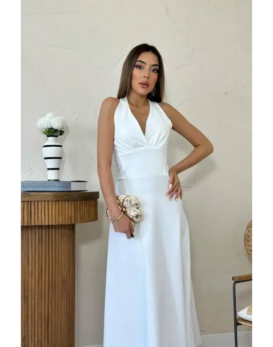 Omarı Zarif Ekru Göğüs Kuplu Elbise