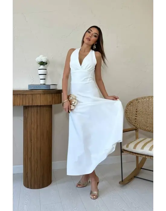 Omarı Zarif Ekru Göğüs Kuplu Elbise