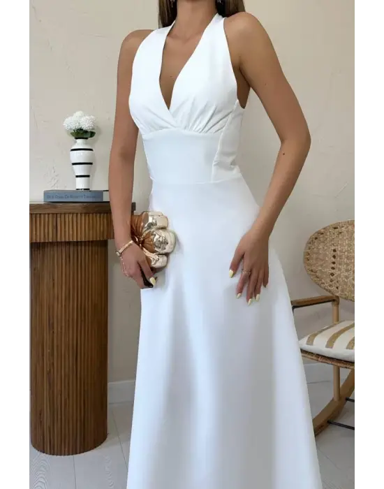 Omarı Zarif Ekru Göğüs Kuplu Elbise