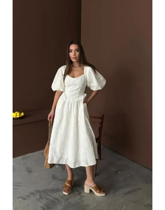 Ekru Balon Kollu Dantelli Brode Elbise