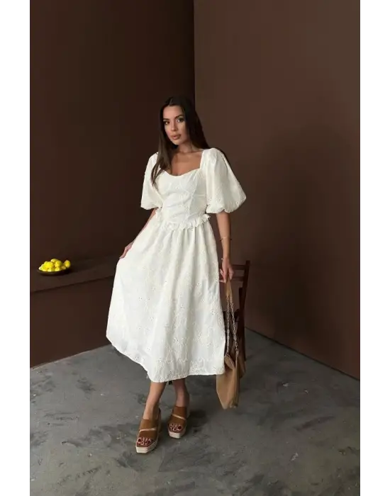 Ekru Balon Kollu Dantelli Brode Elbise