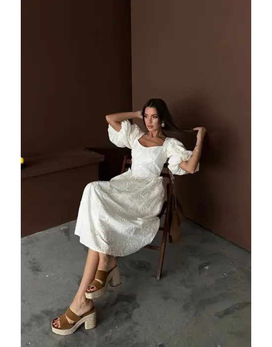 Ekru Balon Kollu Dantelli Brode Elbise