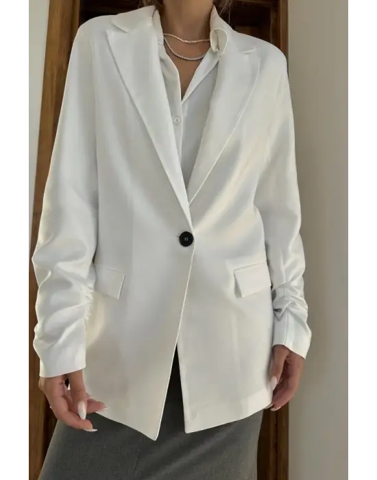 Omarı Ekru Atlas Ceket - Kol Ucu Büzgülü Moda