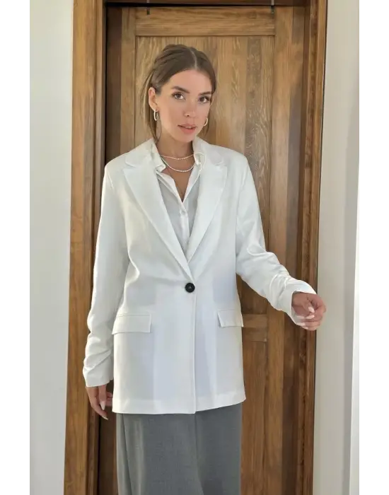 Omarı Ekru Atlas Ceket - Kol Ucu Büzgülü Moda