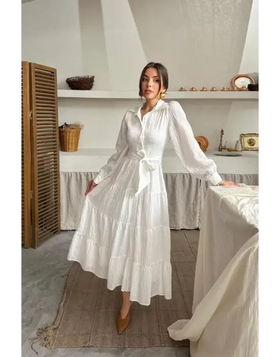 Ekru Çizgi Desenli Uzun Elbise