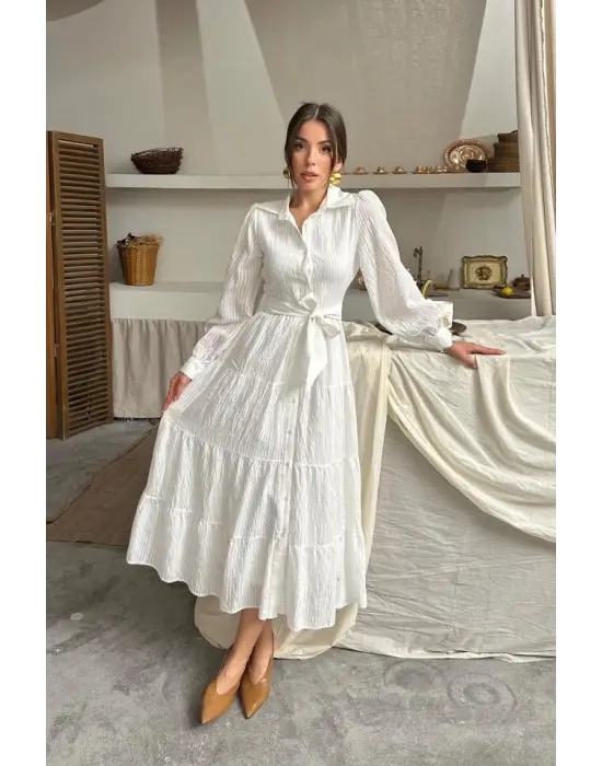 Ekru Çizgi Desenli Uzun Elbise