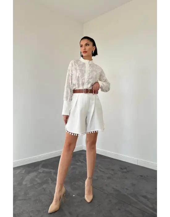 Omarı Dantelli Gömlek ve Şort Takımı