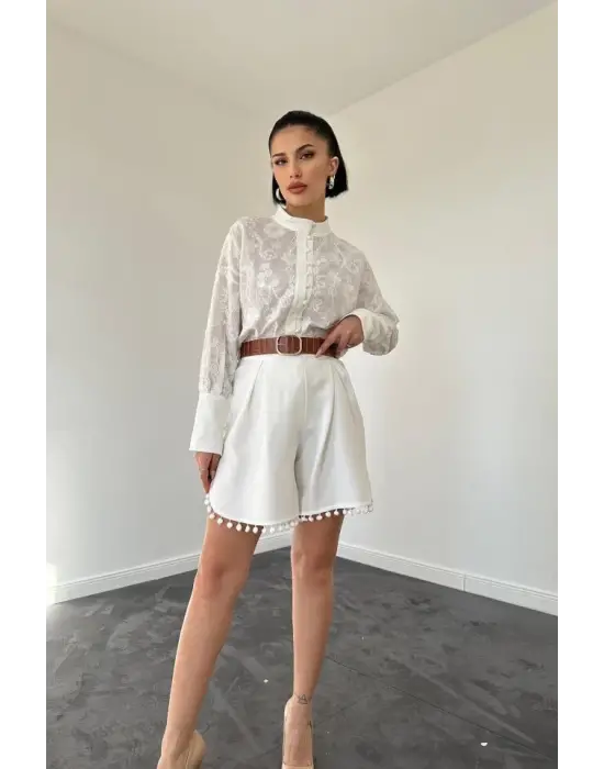 Omarı Dantelli Gömlek ve Şort Takımı