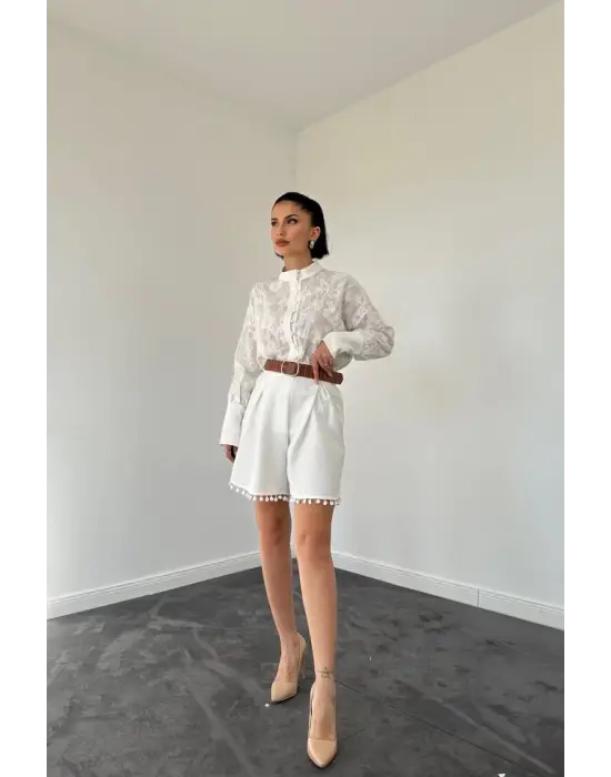 Omarı Dantelli Gömlek ve Şort Takımı