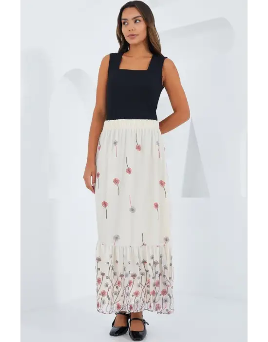 Ekru Desenli Şifon Etek 8010