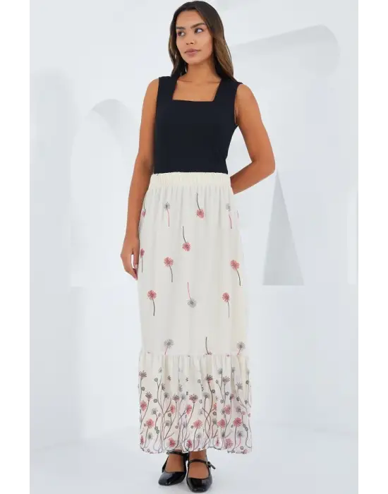 Ekru Desenli Şifon Etek 8010