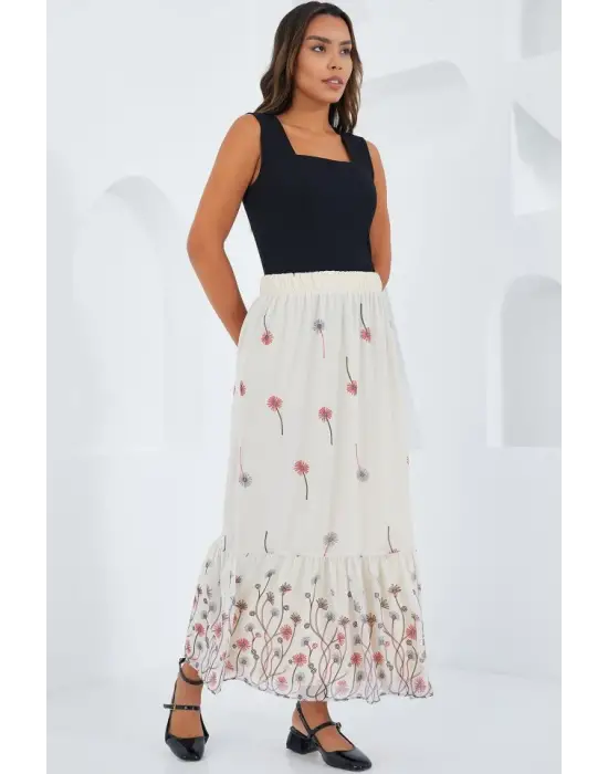 Ekru Desenli Şifon Etek 8010