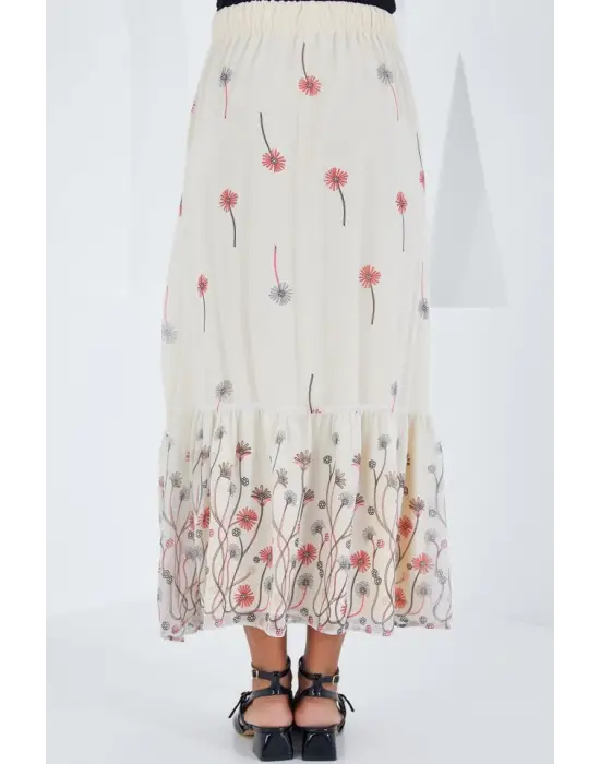 Ekru Desenli Şifon Etek 8010