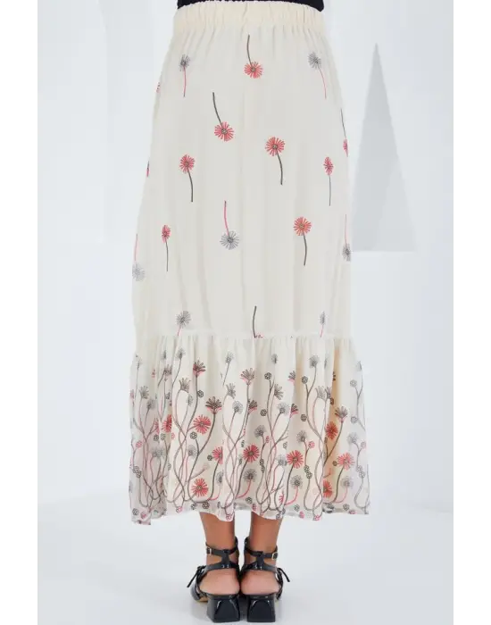 Ekru Desenli Şifon Etek 8010