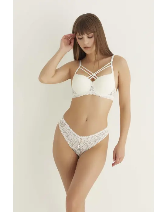 Omarı Çift Çapraz Dantel Detaylı Ekru Destekli Sütyen Takımı